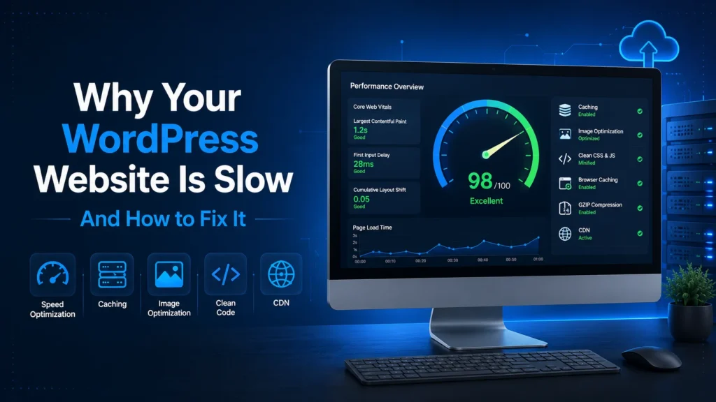 WordPress website performance optimization showing Core Web Vitals, caching, website speed improvements, and performance monitoring dashboard.
